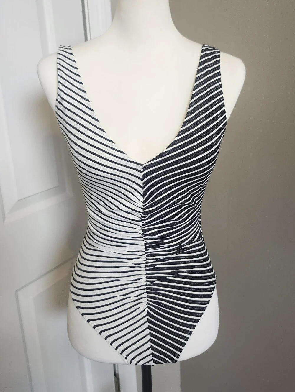 Solid & Striped 1 Pieced Black White & Silver Striped Ruched Swimsuit, S